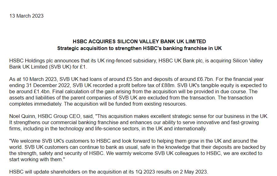 1GBP transaction! After overnight negotiations, HSBC Group confirmed takeover of Silicon Valley Bank's UK subsidiary...476 / author:2233 / PostsID:1717211