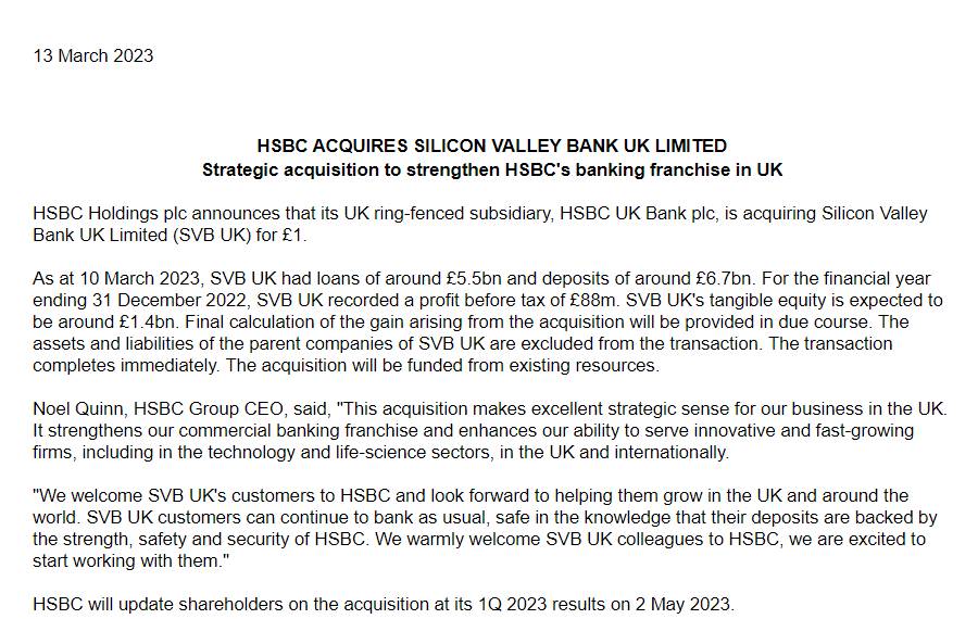 1GBP transaction! After overnight negotiations, HSBC Group confirmed takeover of Silicon Valley Bank's UK subsidiary...480 / author:2233 / PostsID:1717211